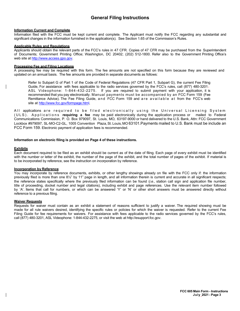 FCC Form 605 Quick-Form Application for Authorization in the Ship, Aircraft, Amateur, Restricted and Commercial Operator, and General Mobile Radio Services, Page 3