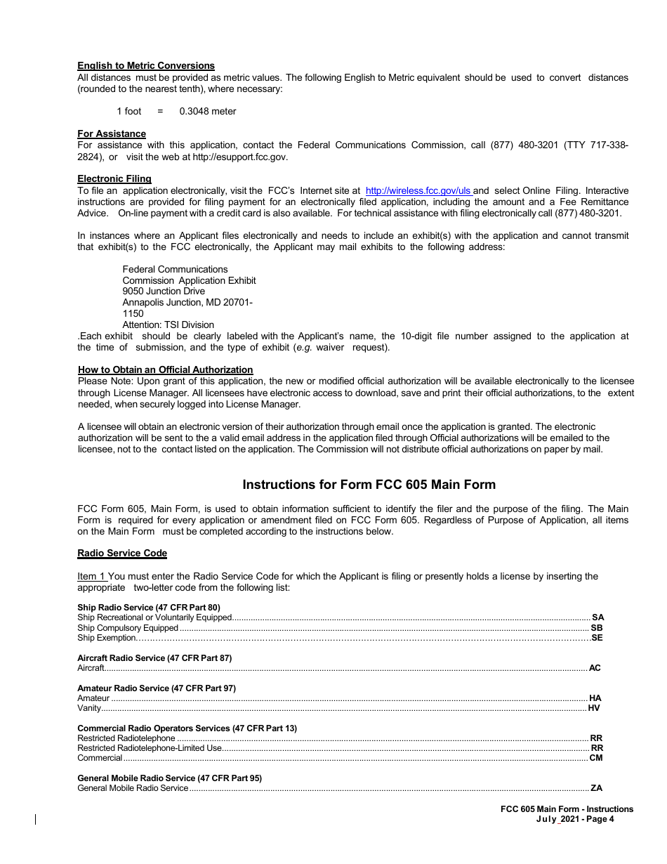 FCC Form 605 Quick-Form Application for Authorization in the Ship, Aircraft, Amateur, Restricted and Commercial Operator, and General Mobile Radio Services, Page 4