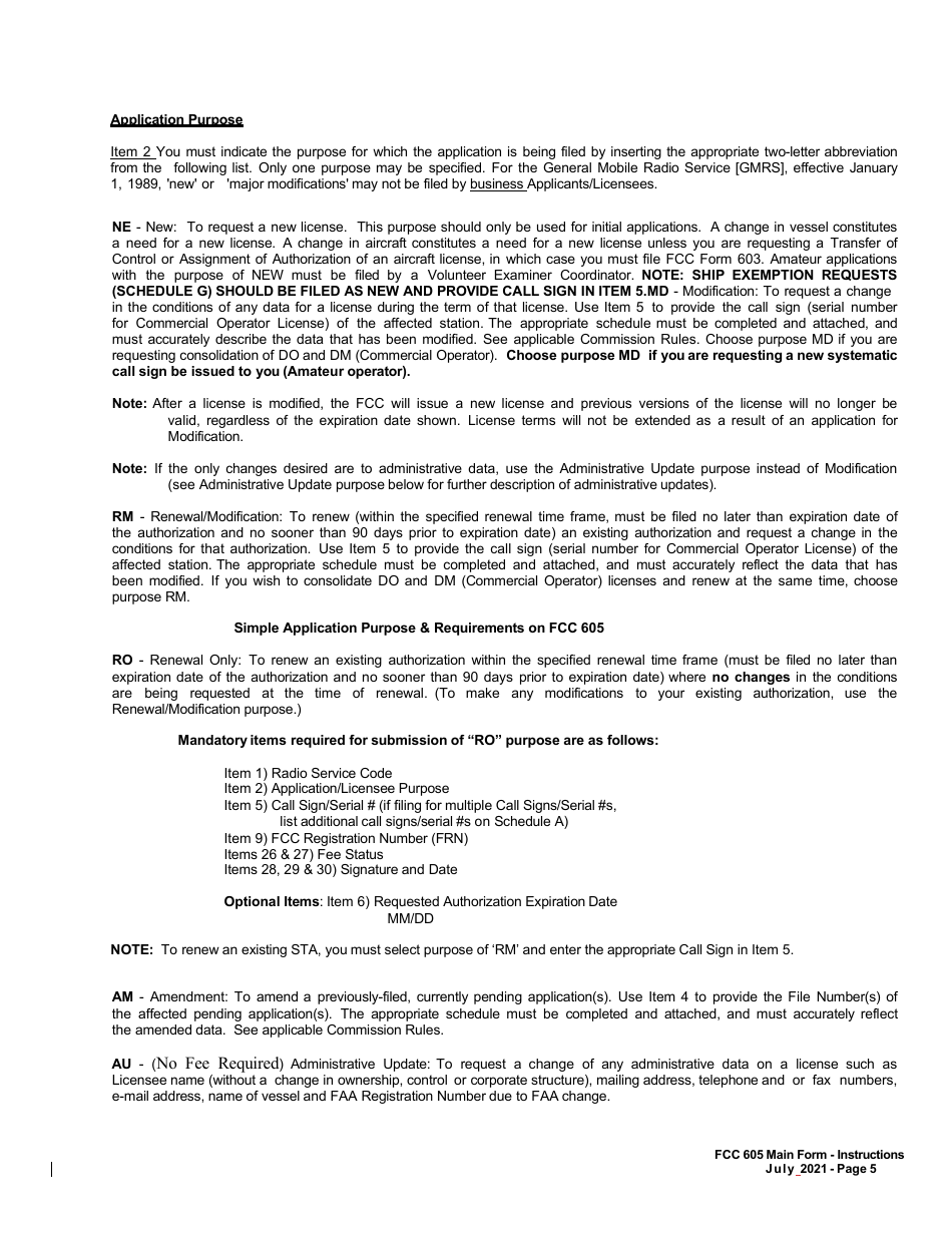 FCC Form 605 Quick-Form Application for Authorization in the Ship, Aircraft, Amateur, Restricted and Commercial Operator, and General Mobile Radio Services, Page 5