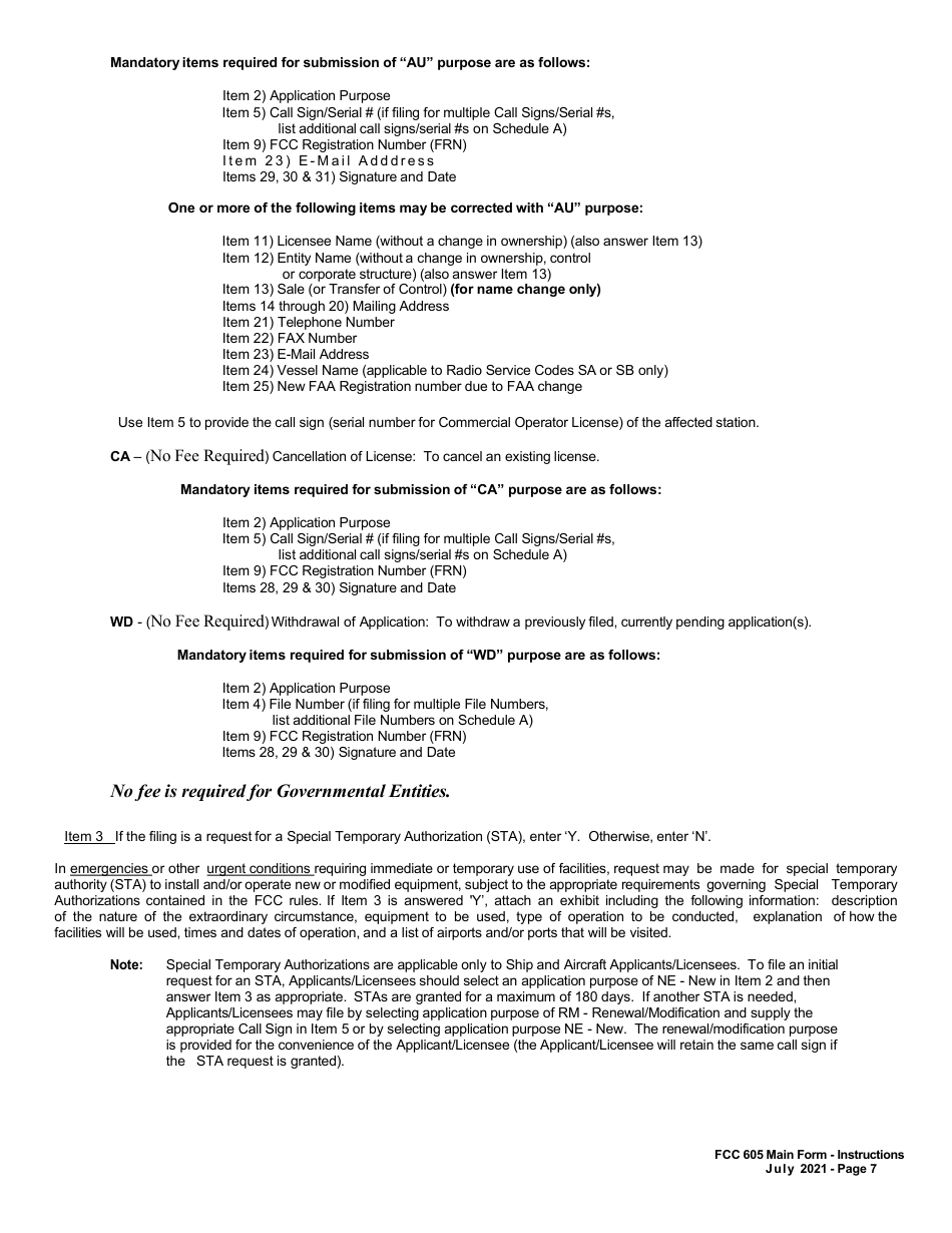 FCC Form 605 Quick-Form Application for Authorization in the Ship, Aircraft, Amateur, Restricted and Commercial Operator, and General Mobile Radio Services, Page 6