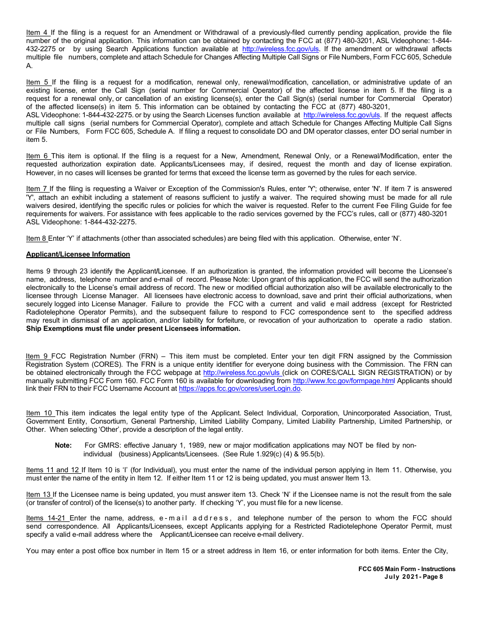 FCC Form 605 Quick-Form Application for Authorization in the Ship, Aircraft, Amateur, Restricted and Commercial Operator, and General Mobile Radio Services, Page 7