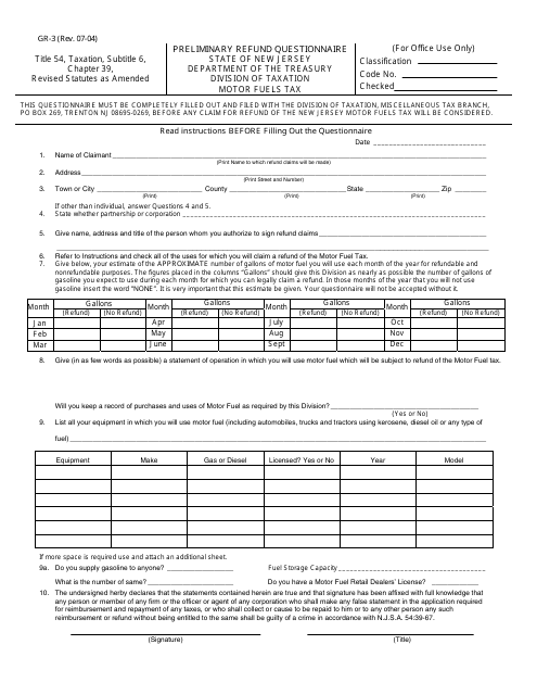 Form GR-3 Preliminary Refund Questionnaire - New Jersey