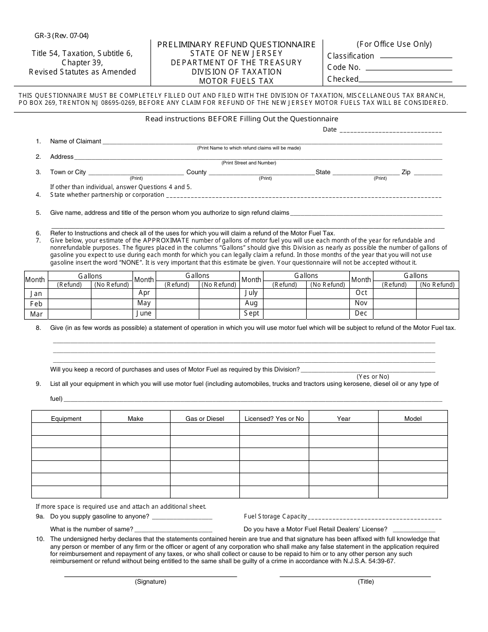 Form GR-3 Preliminary Refund Questionnaire - New Jersey, Page 1