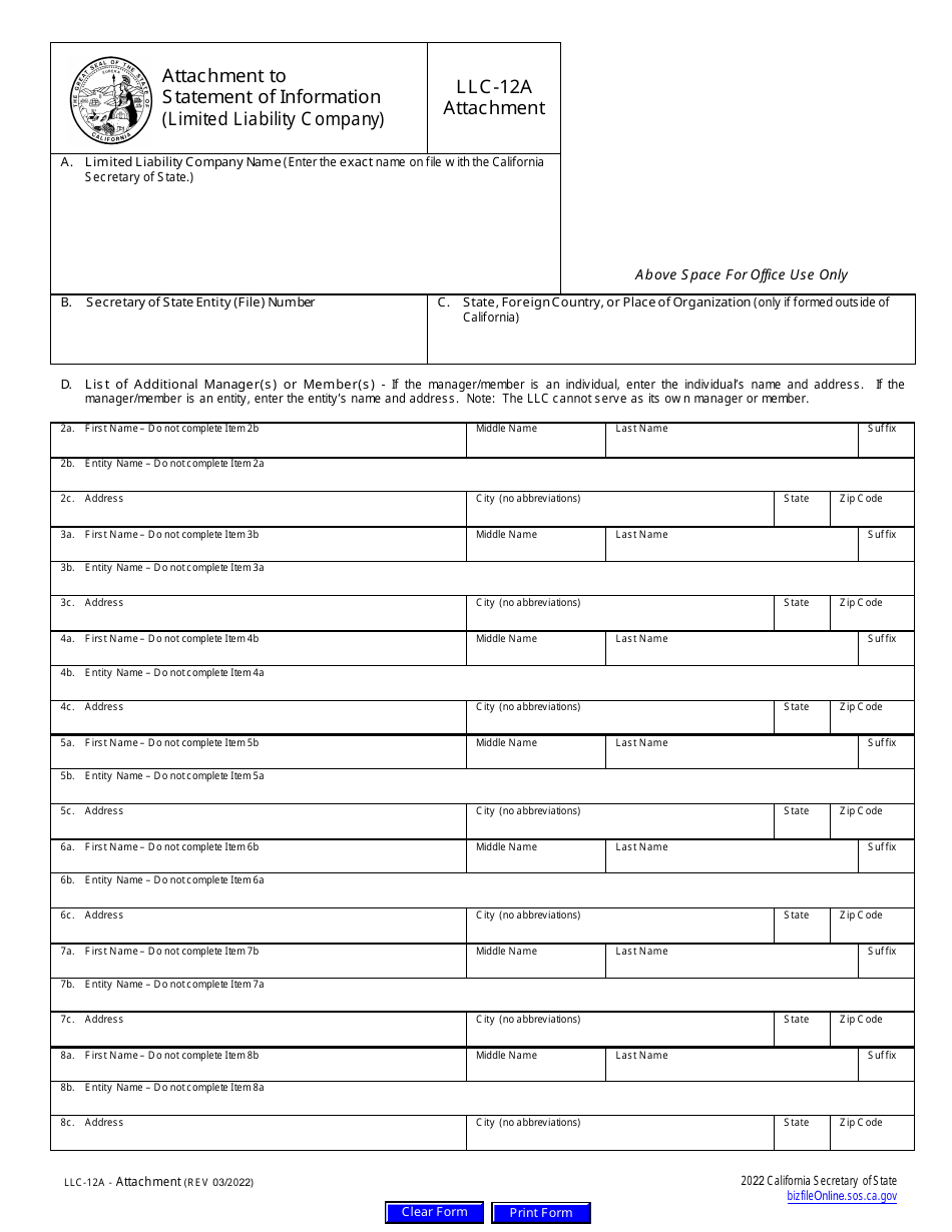 Form LLC-12A Attachment to Statement of Information (Limited Liability Company) - California, Page 1