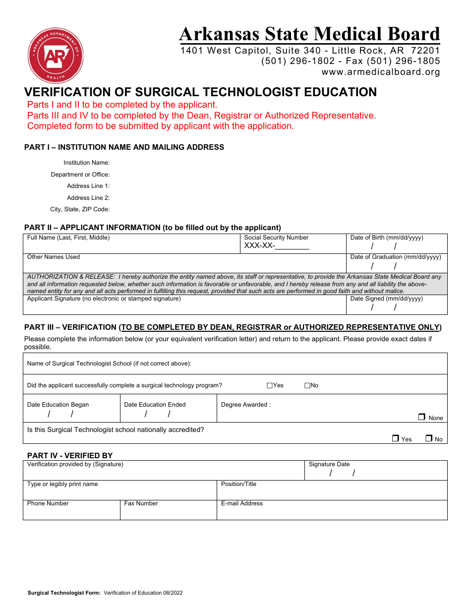 Application for Surgical Technologist Registration - Arkansas, Page 10