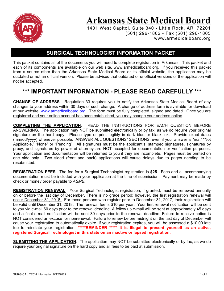 Application for Surgical Technologist Registration - Arkansas, Page 2