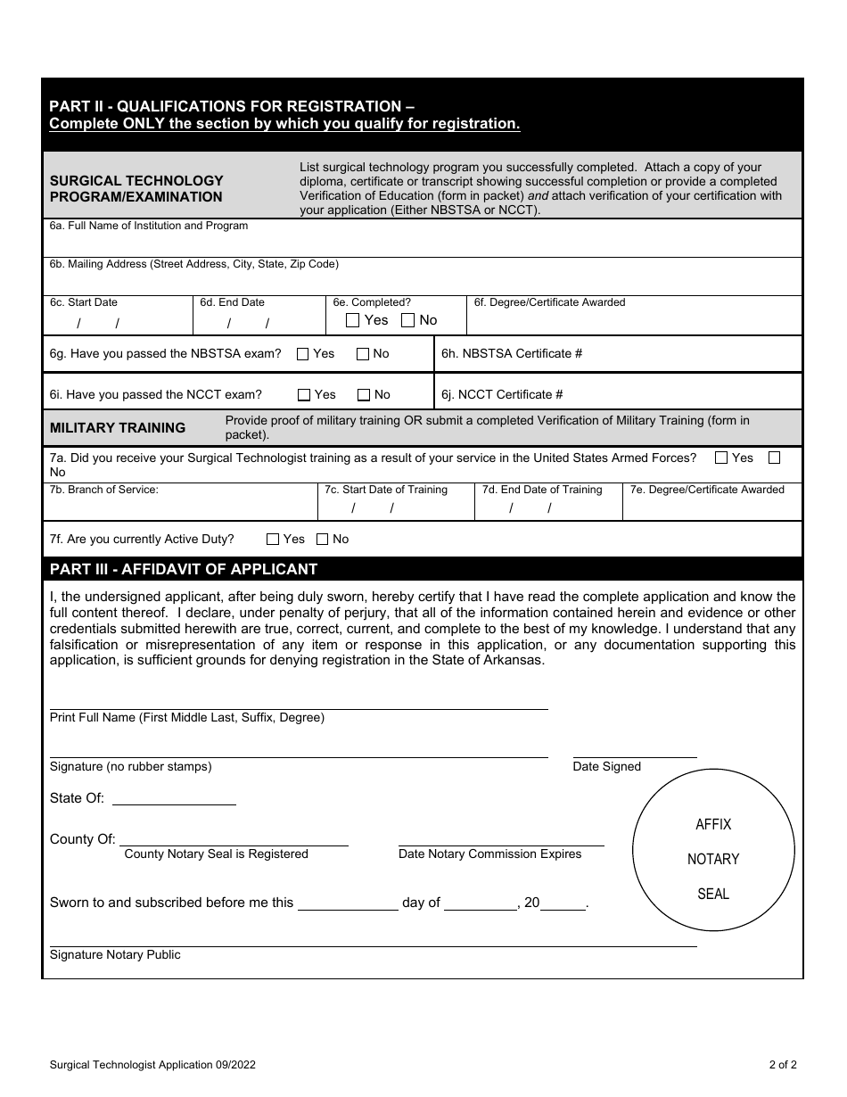 Application for Surgical Technologist Registration - Arkansas, Page 9