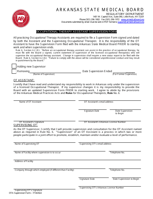 Occupational Therapy Assistant Supervision Form - Arkansas Download Pdf