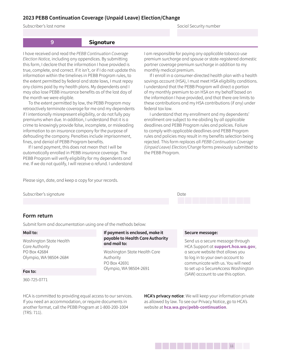 Form HCA50-0135 Pebb Continuation Coverage (Unpaid Leave) Election / Change - Washington, Page 11