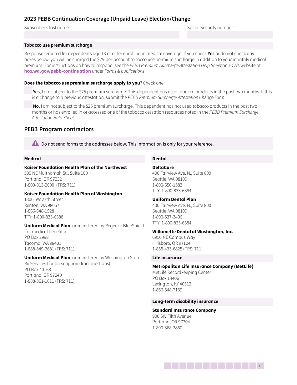 Form HCA50-0135 Pebb Continuation Coverage (Unpaid Leave) Election / Change - Washington, Page 13