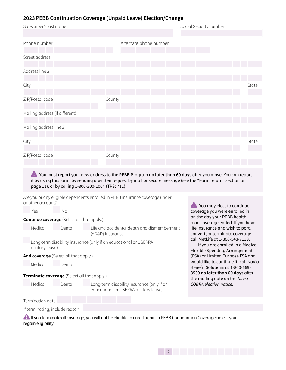 Form HCA50-0135 Pebb Continuation Coverage (Unpaid Leave) Election / Change - Washington, Page 2