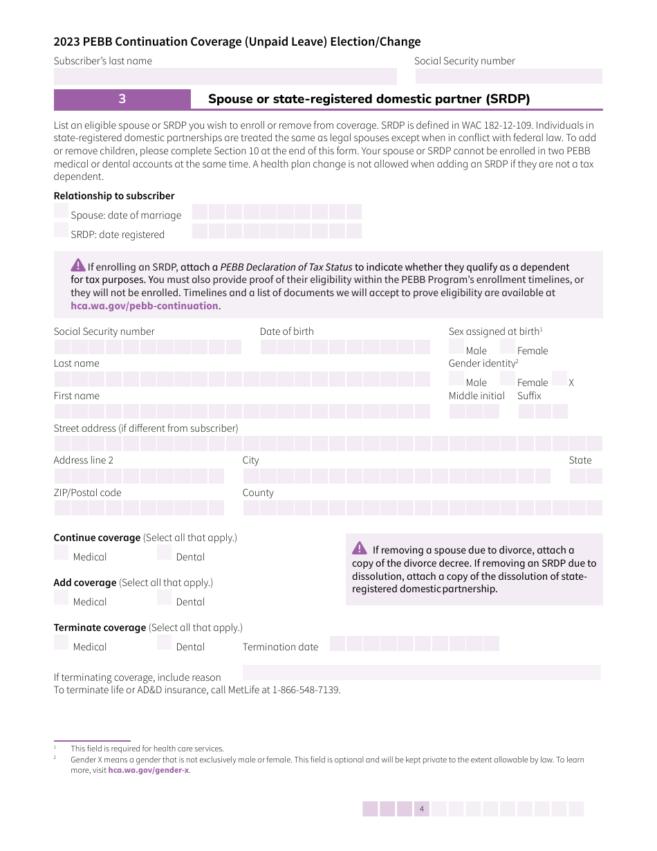 Form HCA50-0135 Pebb Continuation Coverage (Unpaid Leave) Election / Change - Washington, Page 4