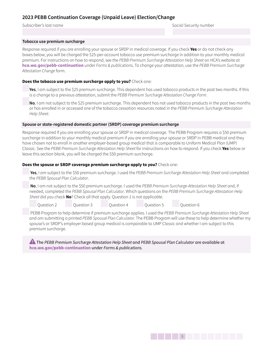 Form HCA50-0135 Pebb Continuation Coverage (Unpaid Leave) Election / Change - Washington, Page 5