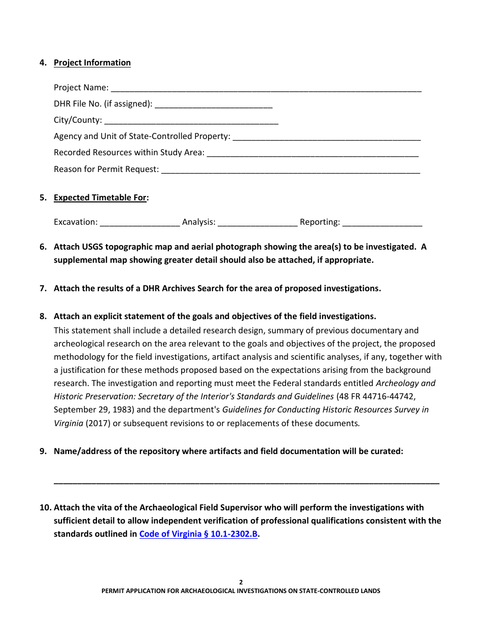 Permit Application for Archaeological Investigations on State-Controlled Lands - Virginia, Page 2