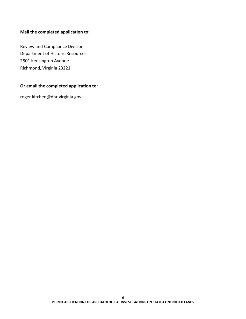Permit Application for Archaeological Investigations on State-Controlled Lands - Virginia, Page 6