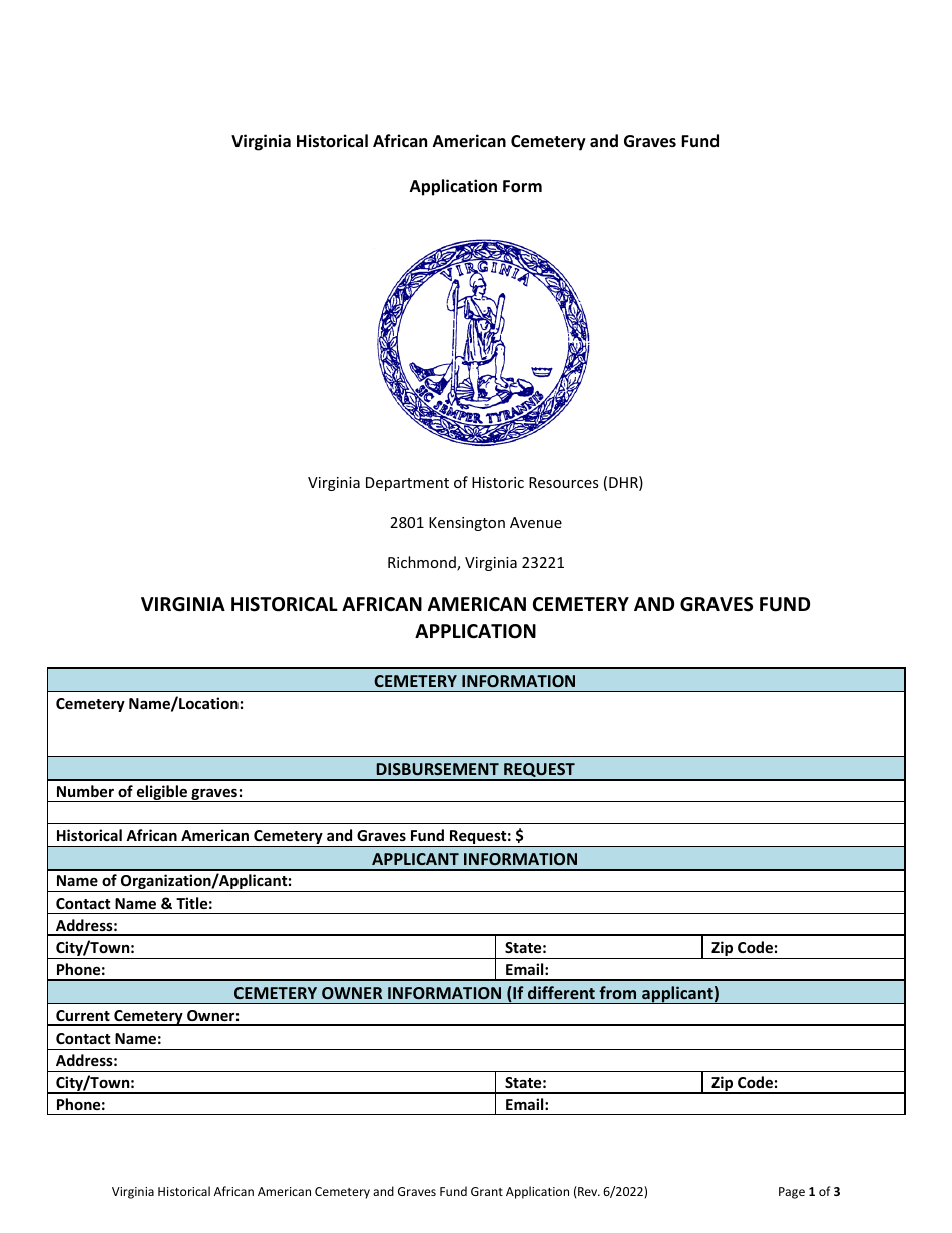 Virginia Historical African American Cemetery and Graves Fund Application Form - Virginia, Page 1