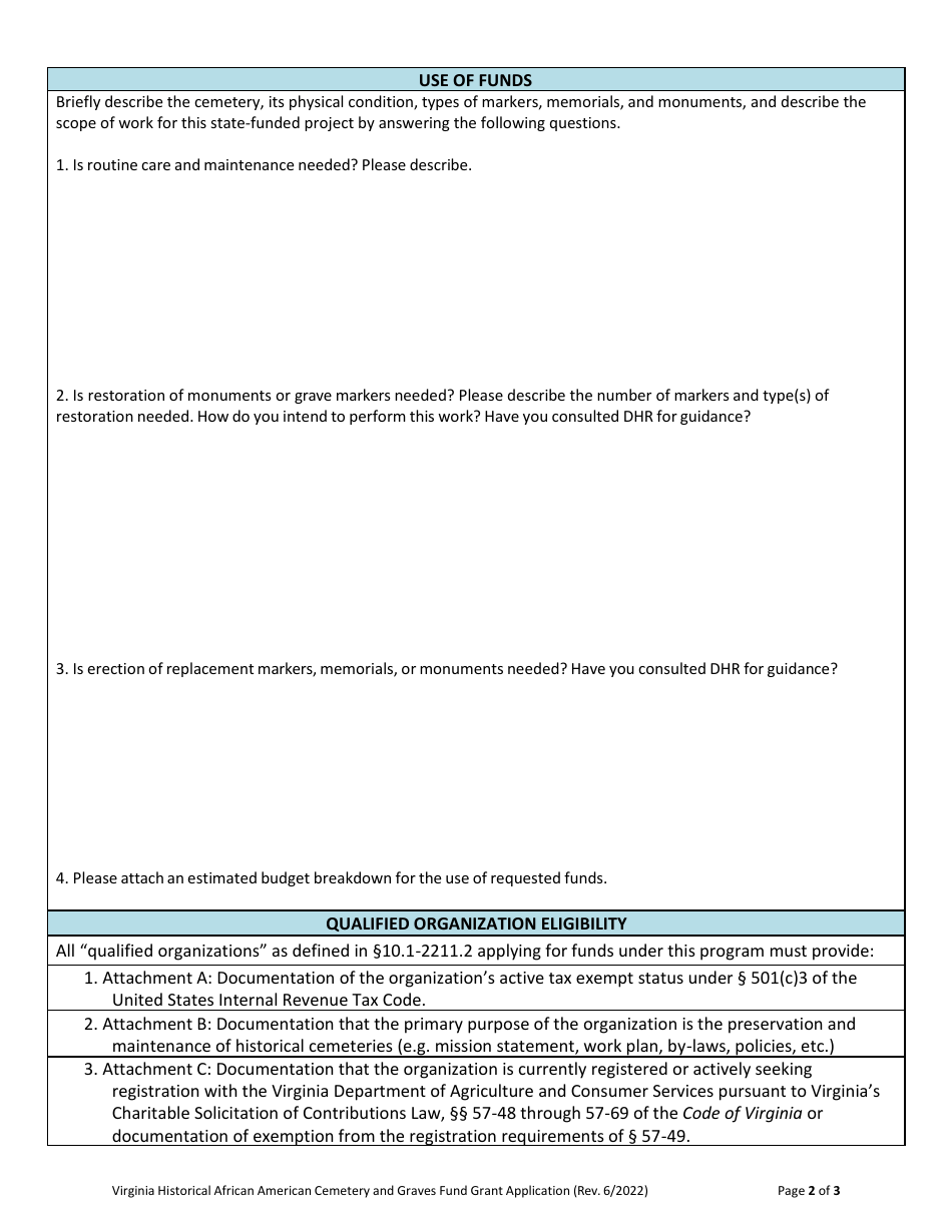 Virginia Historical African American Cemetery and Graves Fund Application Form - Virginia, Page 2