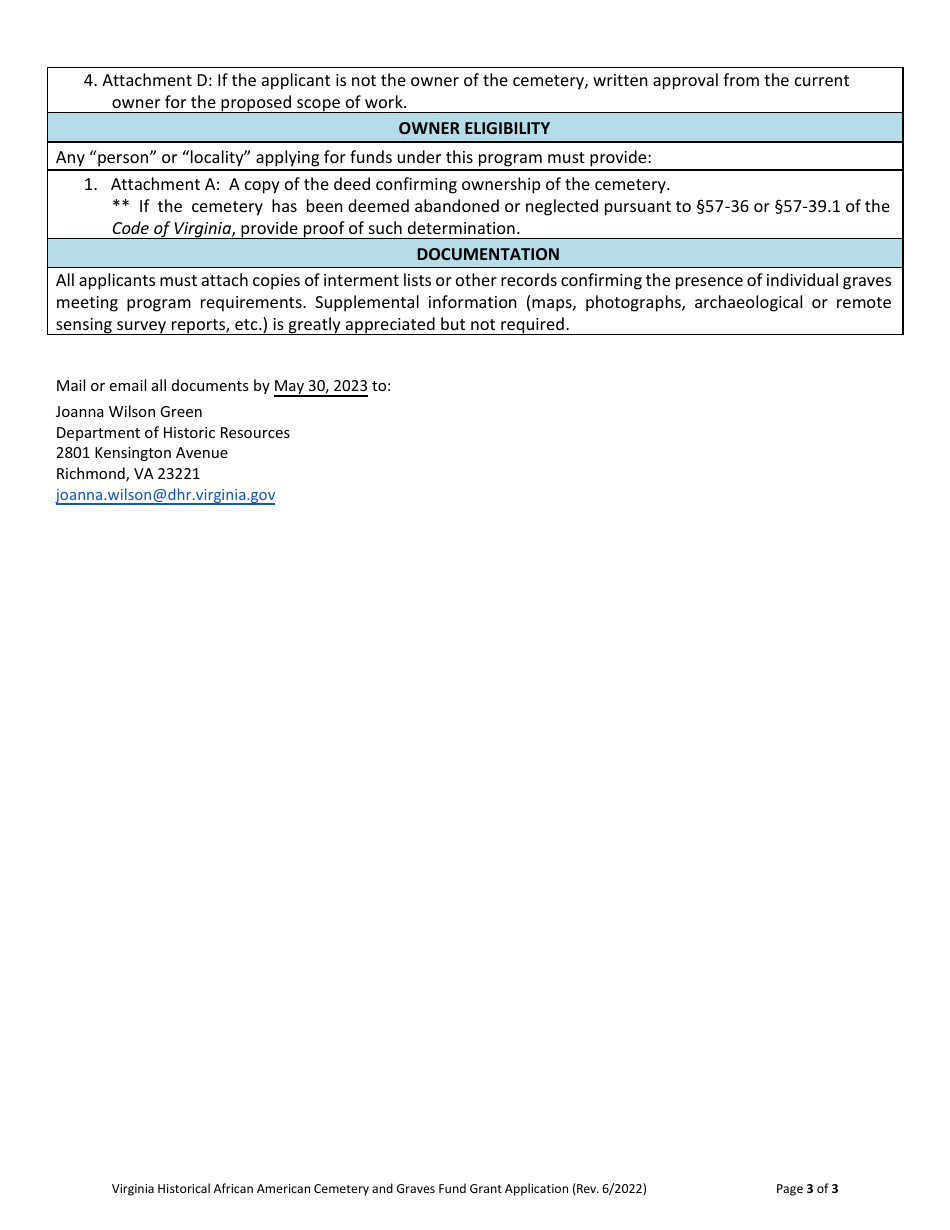 Virginia Historical African American Cemetery and Graves Fund Application Form - Virginia, Page 3