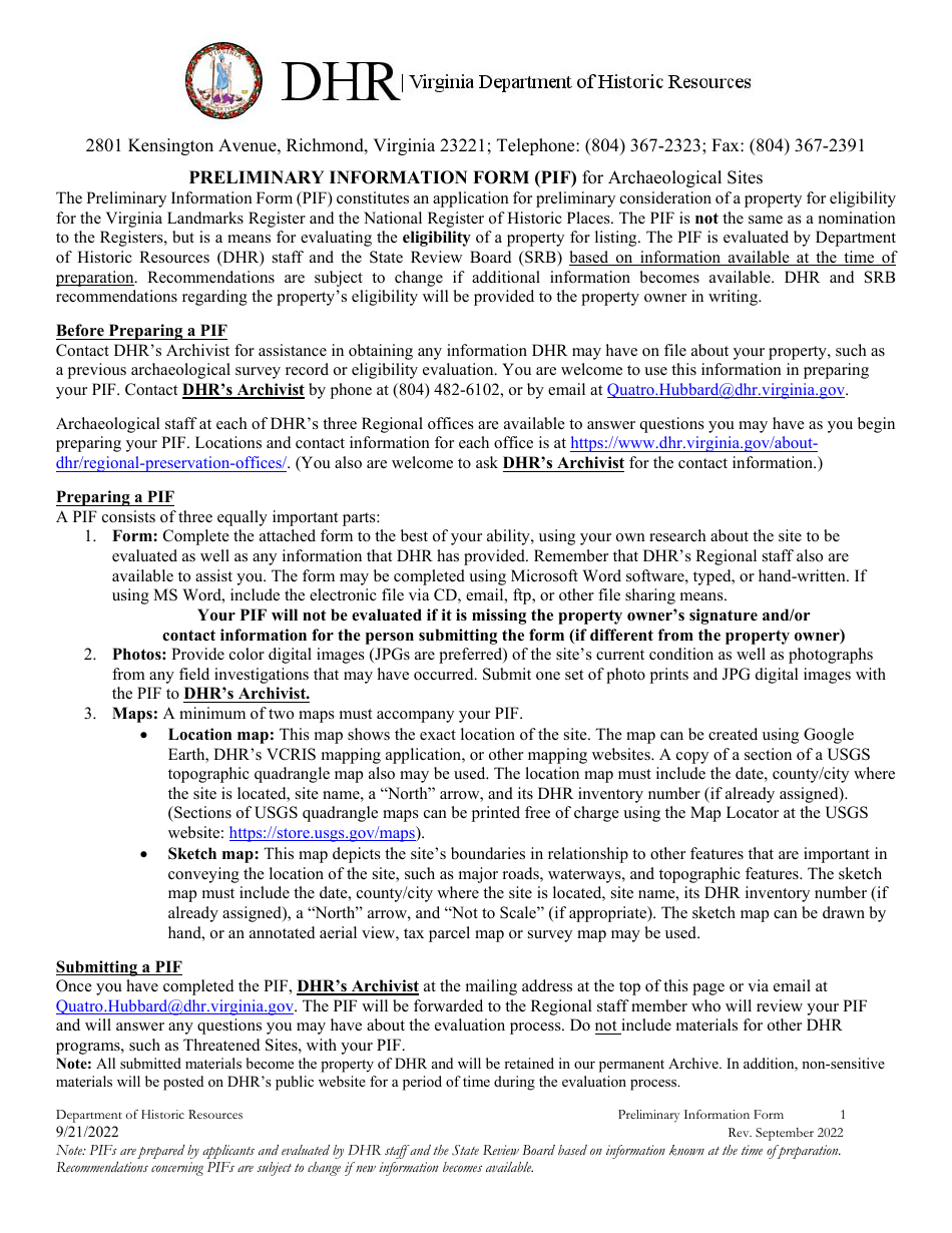 Preliminary Information Form (PIF) for Archaeological Sites - Virginia, Page 1