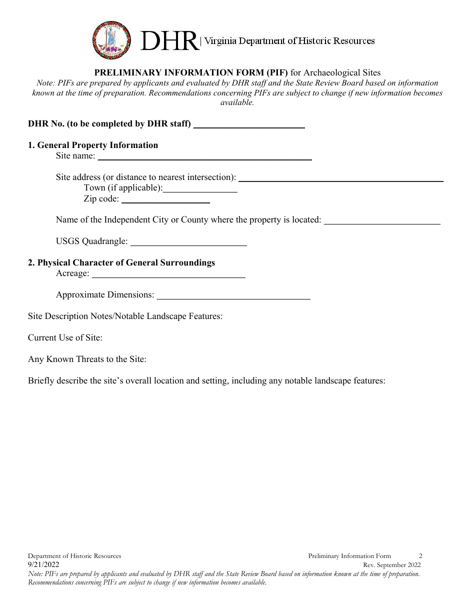 Preliminary Information Form (PIF) for Archaeological Sites - Virginia, Page 2