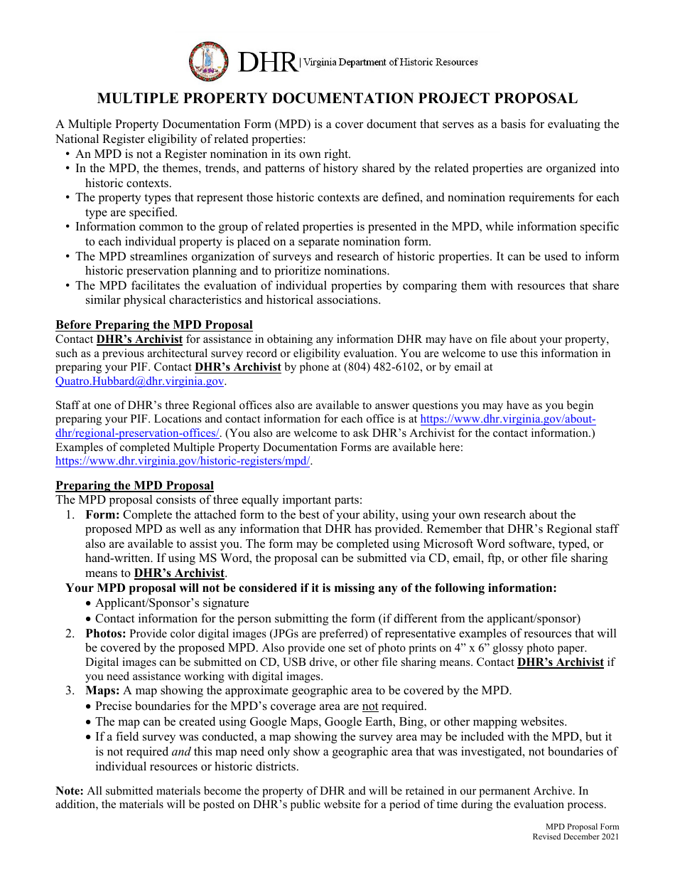 Multiple Property Documentation Form Project Proposal - Virginia, Page 1