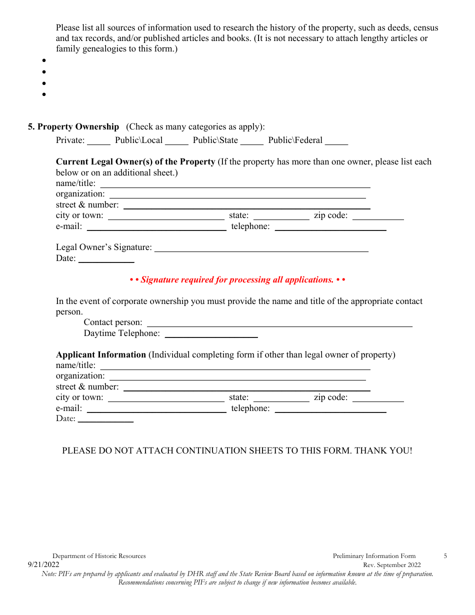 Preliminary Information Form (PIF) for Individual Properties - Virginia, Page 6