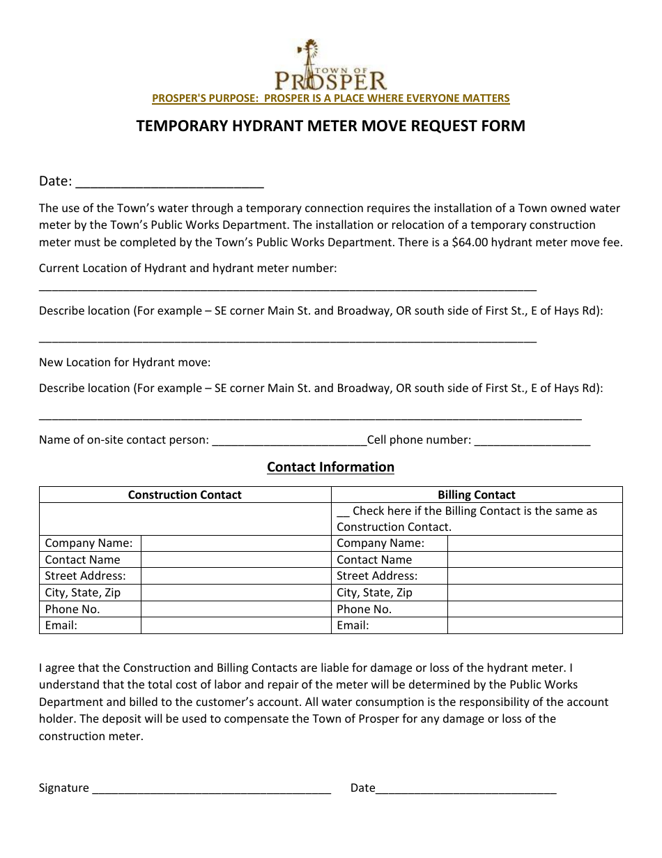 Temporary Hydrant Meter Move Request Form - Town of Prosper, Texas, Page 1