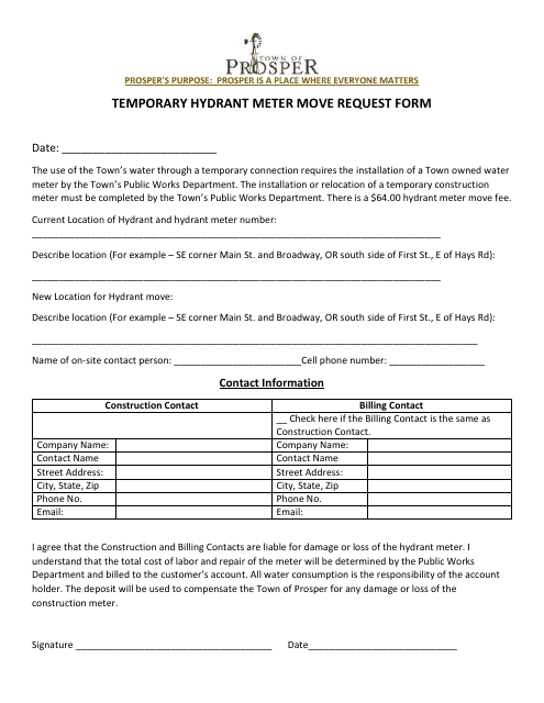 Temporary Hydrant Meter Move Request Form - Town of Prosper, Texas Download Pdf