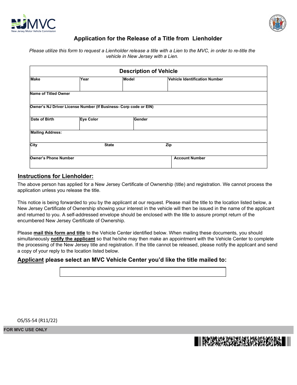 Form OS / SS-54 Application for the Release of a Title From Lienholder - New Jersey, Page 1