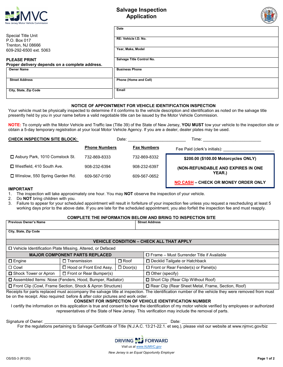 Form OS / SS-3 Salvage Inspection Application - New Jersey, Page 1
