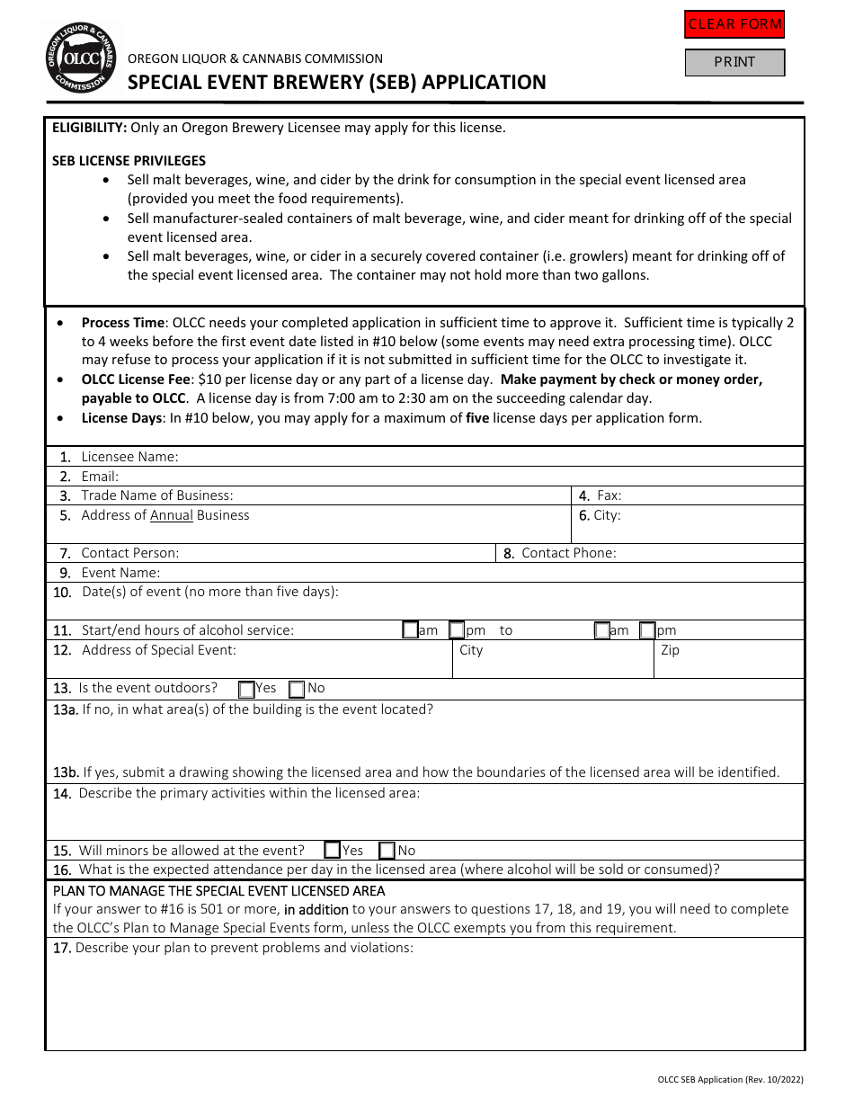 Special Event Brewery (Seb) Application - Oregon, Page 1