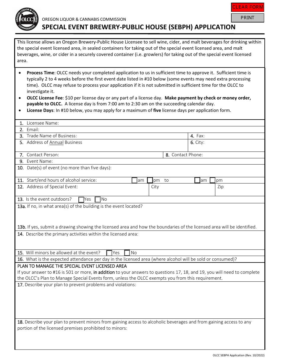 Special Event Brewery-Public House (Sebph) Application - Oregon, Page 1