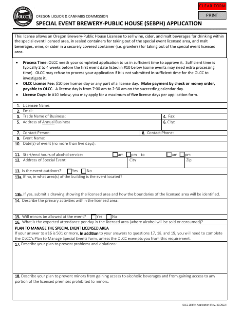 Special Event Brewery-Public House (Sebph) Application - Oregon Download Pdf