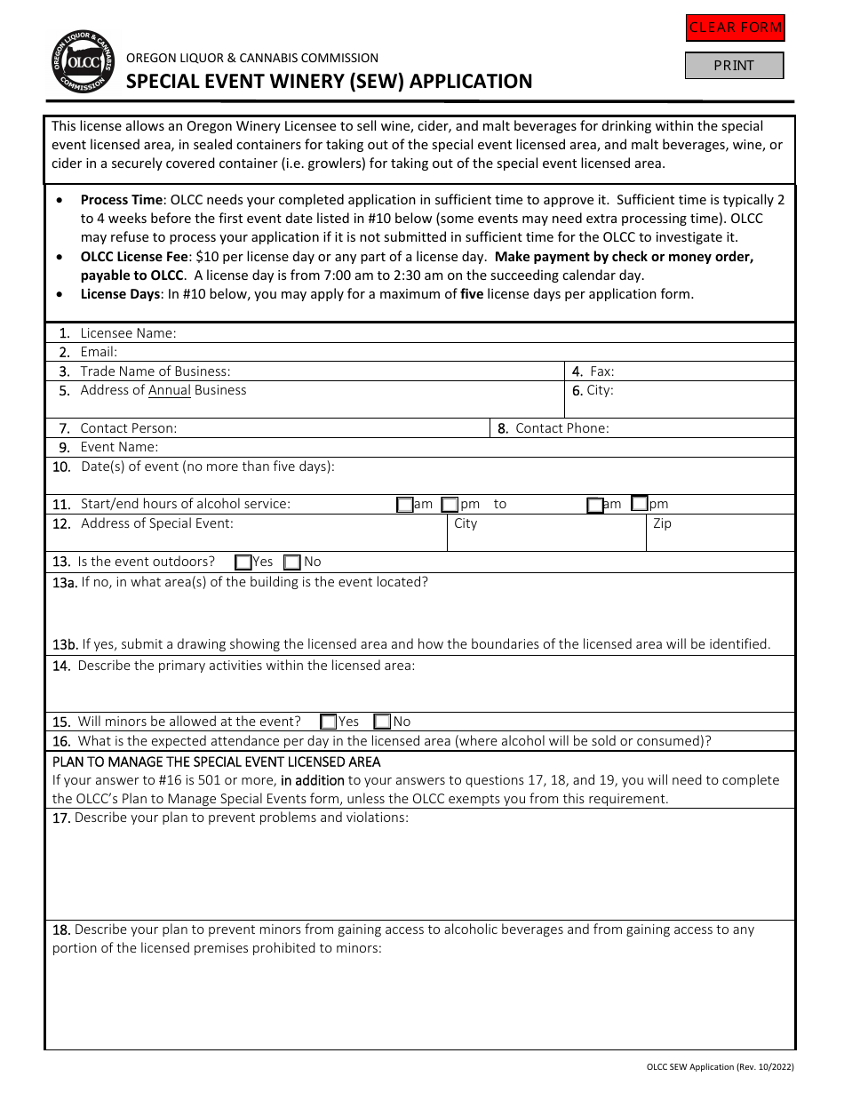 Special Event Winery (Sew) Application - Oregon, Page 1