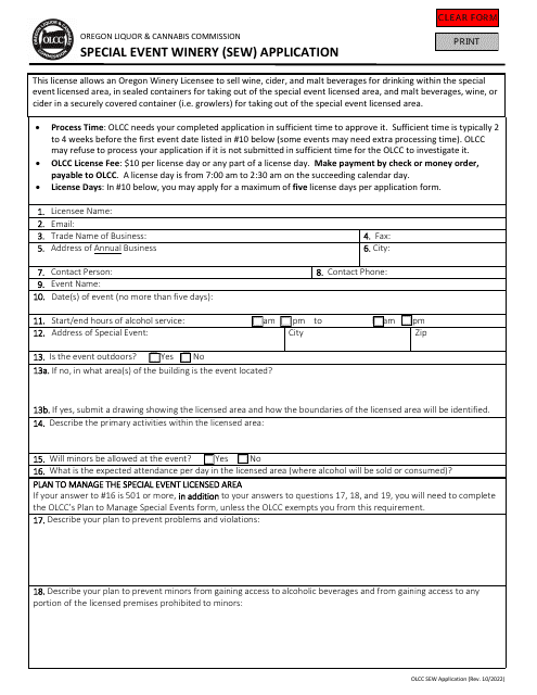 Special Event Winery (Sew) Application - Oregon Download Pdf