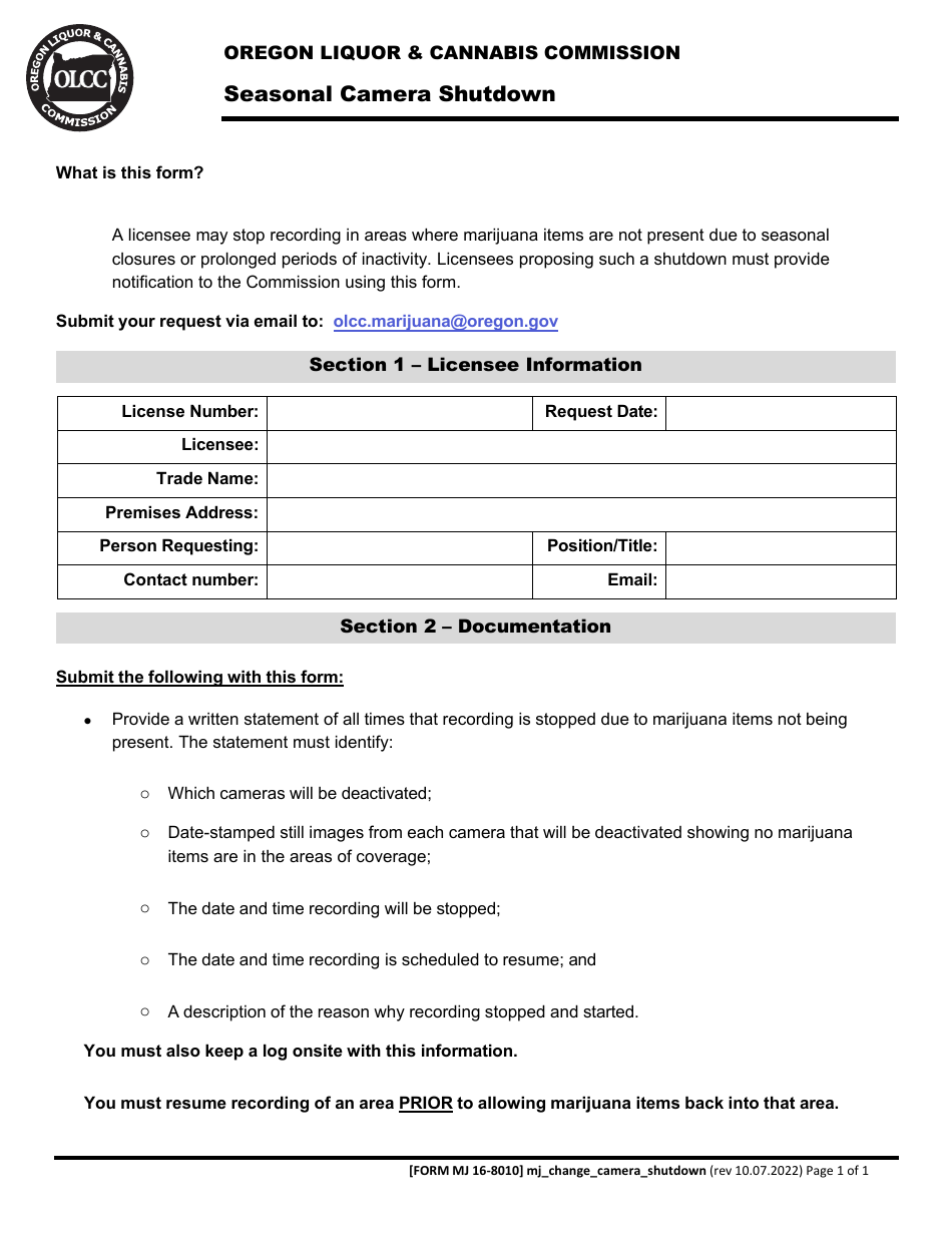 Form MJ16-8010 Seasonal Camera Shutdown - Oregon, Page 1