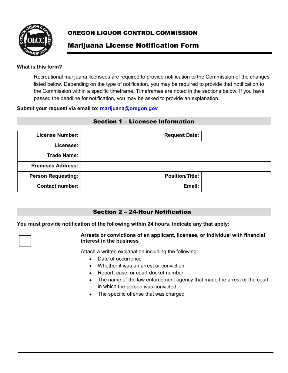 Form MJ17-XXXX Marijuana License Notification Form - Compliance - Oregon, Page 1
