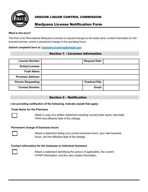 Marijuana License Notification Form - Business Information - Oregon Download Pdf