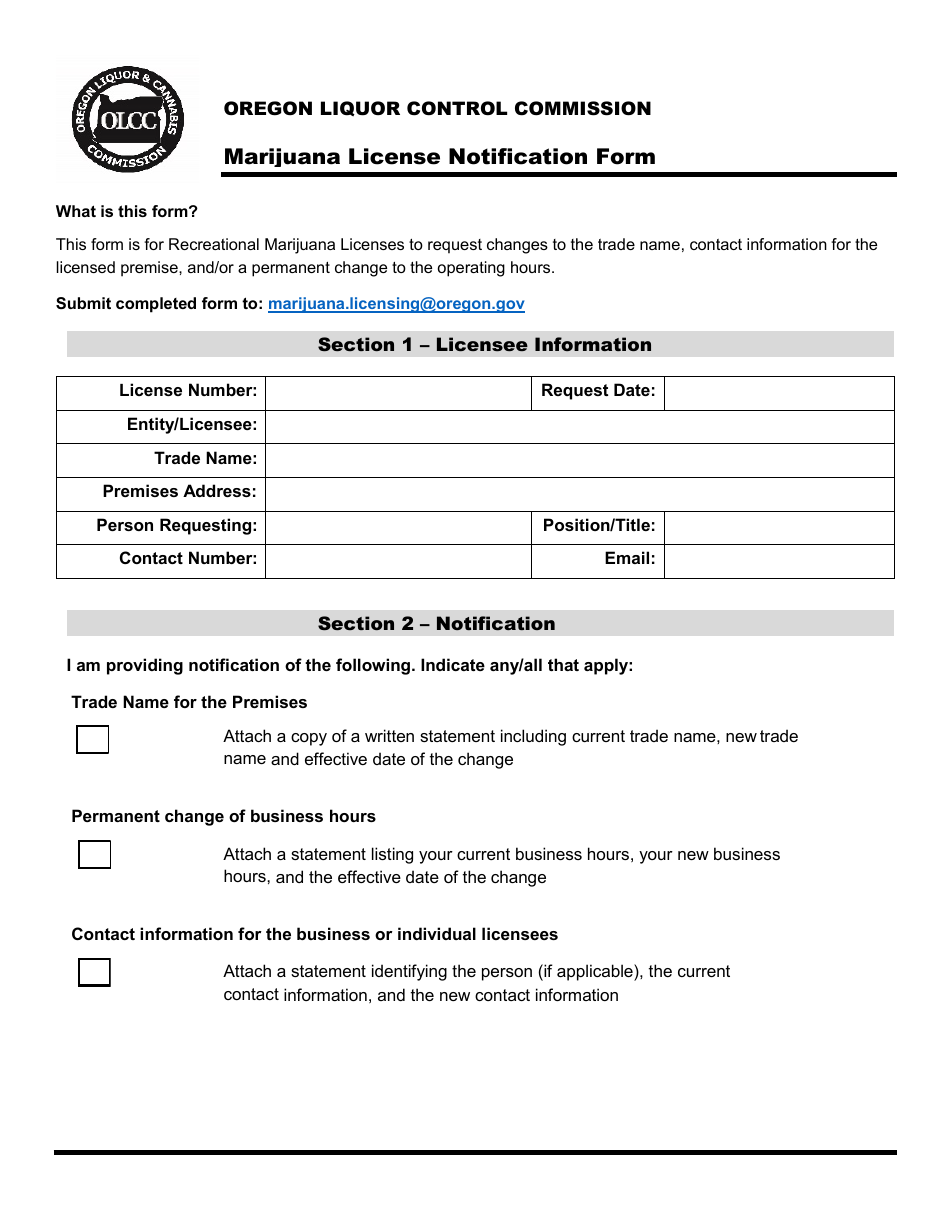 Marijuana License Notification Form - Business Information - Oregon, Page 1