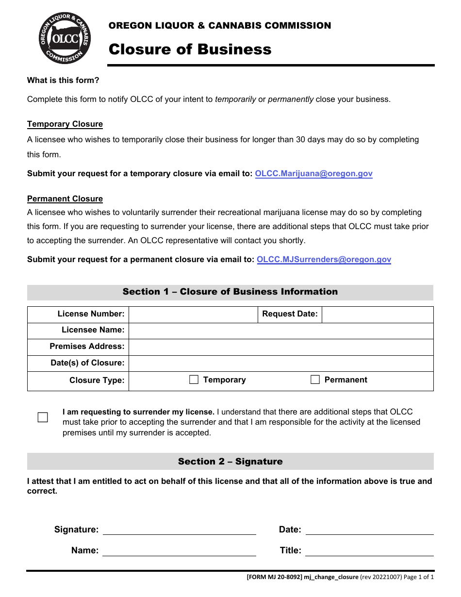 Form MJ20-8092 Closure of Business - Oregon, Page 1