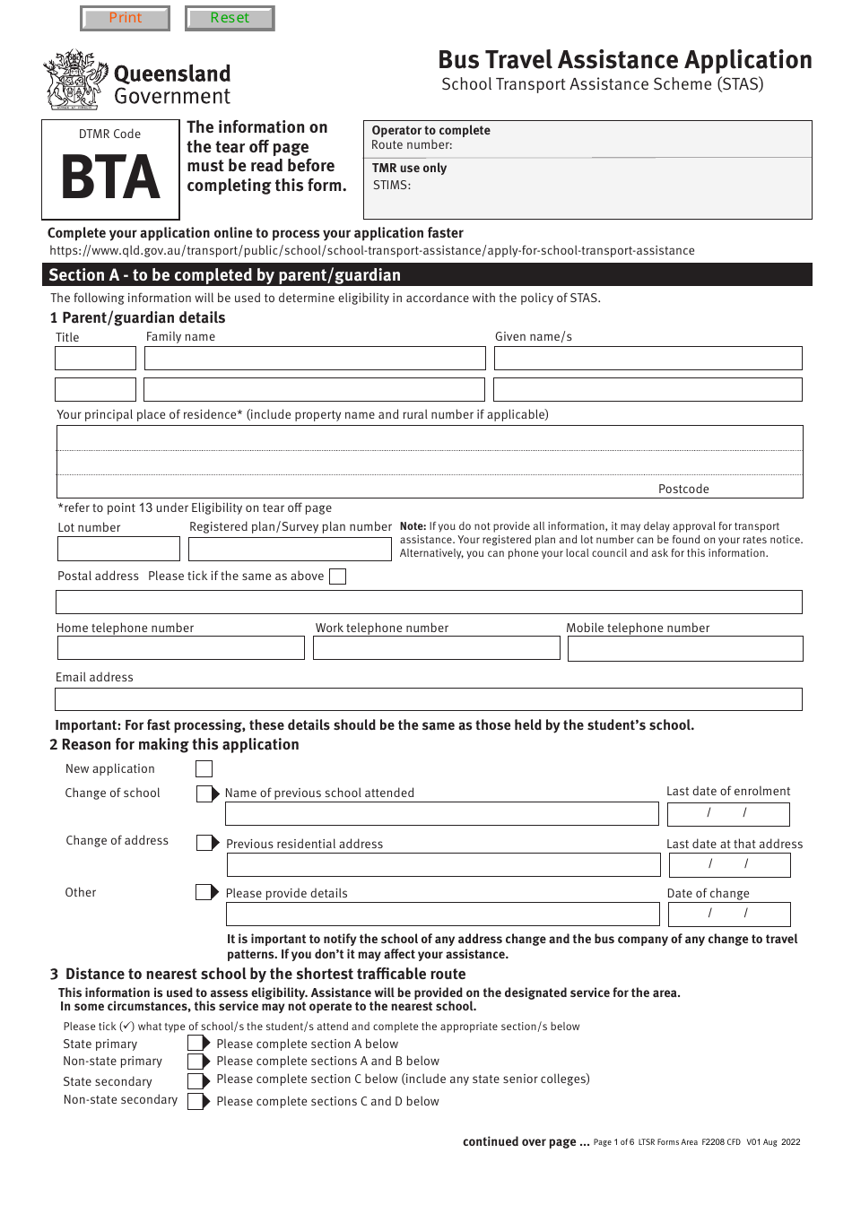 Form F2208 Bus Travel Assistance Application - Queensland, Australia, Page 1