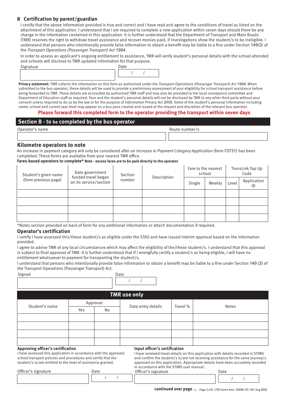Form F2208 Bus Travel Assistance Application - Queensland, Australia, Page 3