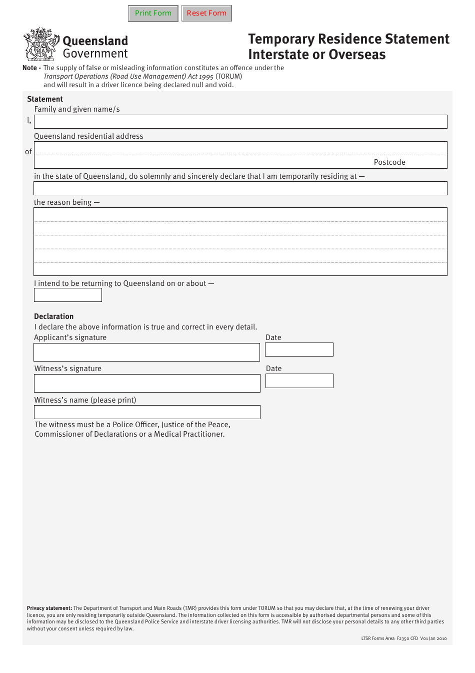 Form F2350 Temporary Residence Statement Interstate or Overseas - Queensland, Australia, Page 1