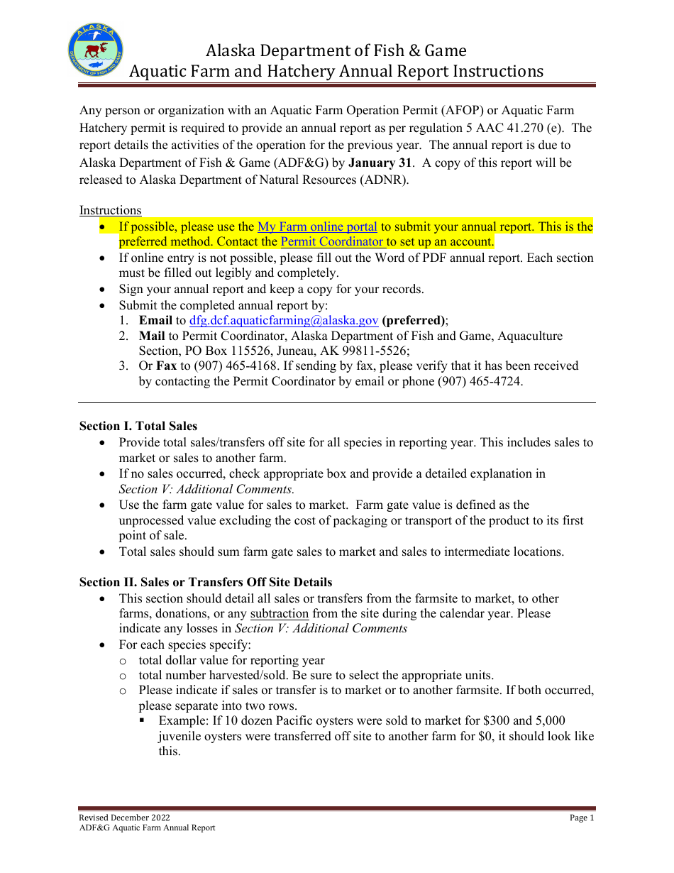 Instructions for Aquatic Farming Annual Report - Alaska, Page 1