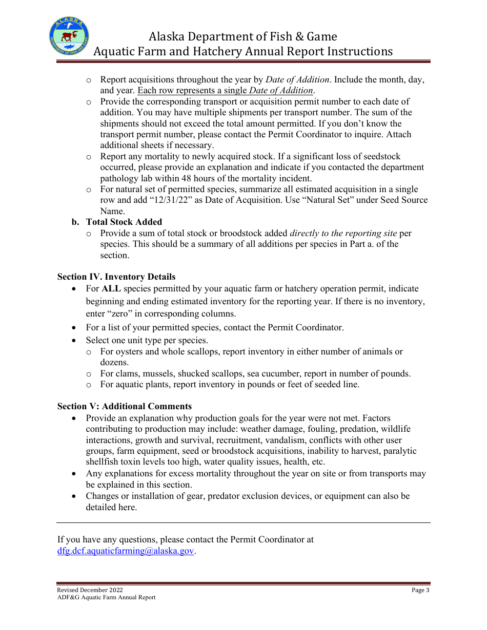 Instructions for Aquatic Farming Annual Report - Alaska, Page 3