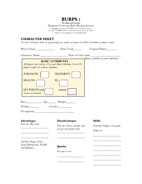 Burps Character Sheet (Simplified Version of GURPS) Download Pdf