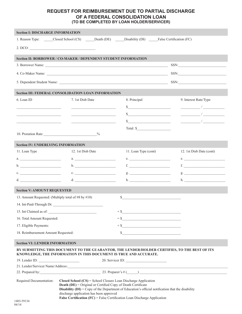 Request Form for Reimbursement Due to Partial Discharge of a Federal Consolidation Loan (Loan Holder/Servicer), Page 1