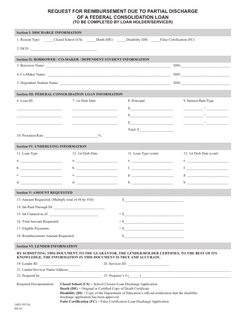Request Form for Reimbursement Due to Partial Discharge of a Federal Consolidation Loan (Loan Holder / Servicer) Download Pdf