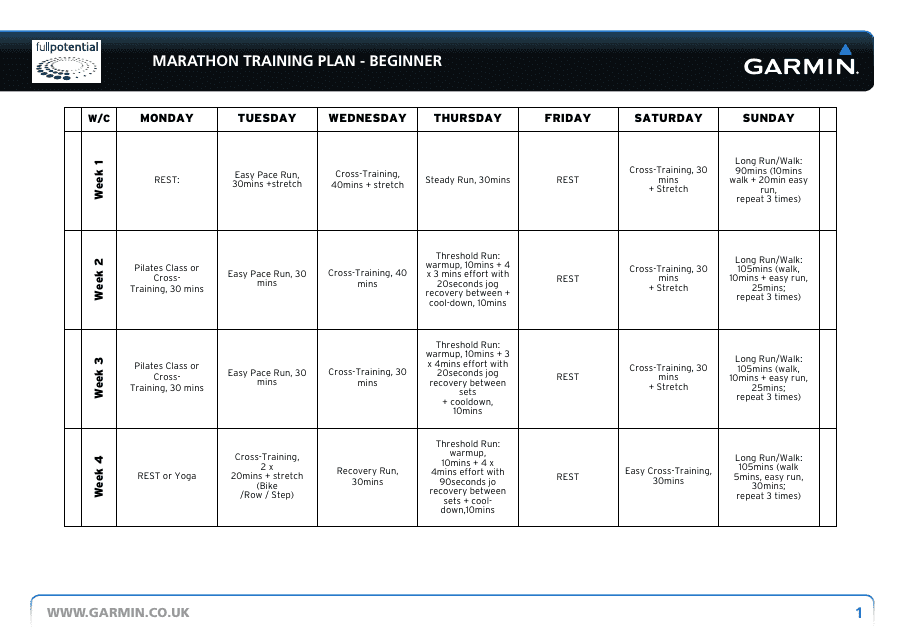 Marathon Training Plan Schedule for Beginners - Fullpotential, Garmin Image Preview