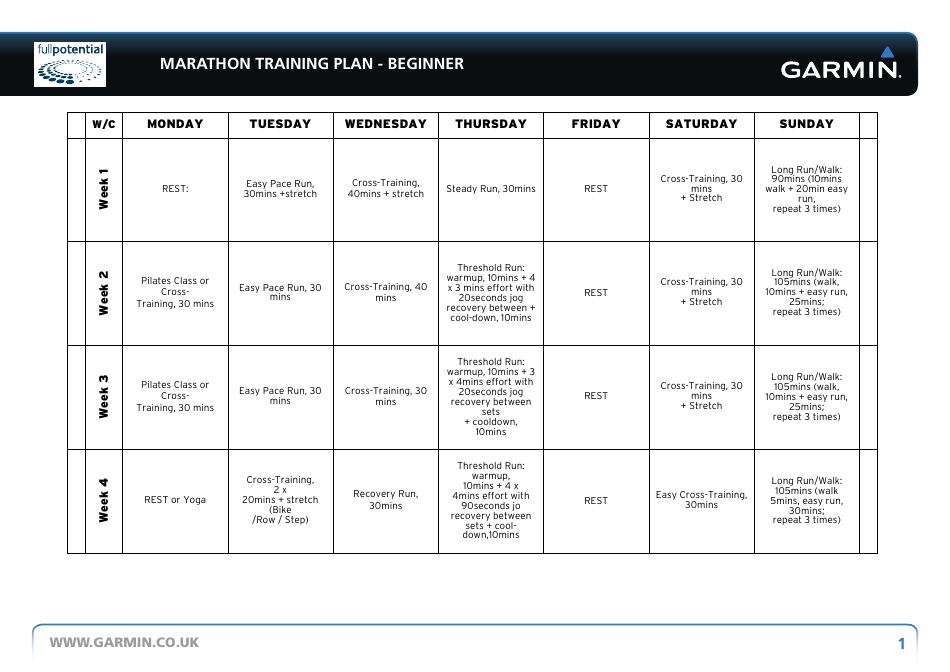 Marathon Training Plan Schedule For Beginners Fullpotential Garmin